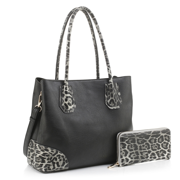 Women's Chic Black Two-Tone Faux Leather & Jaguar Print Fashion Satchel ...