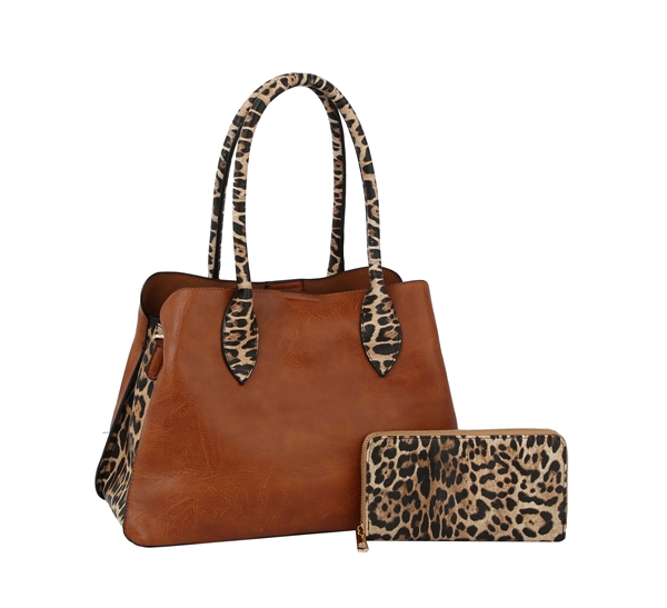 Womens Stylish Brown Faux Leather Brown Leopard Print Satchel Handbag Set 4053